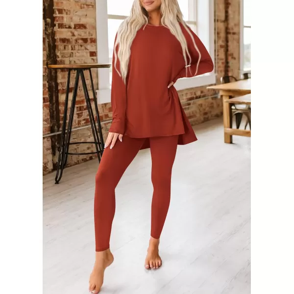 PRETTYGARDEN Womens Fall 2 Piece Outfits Casual Long Sleeve Tunic Tops Legging Pants Matching Lounge Sets SweatsuitsBrick Red