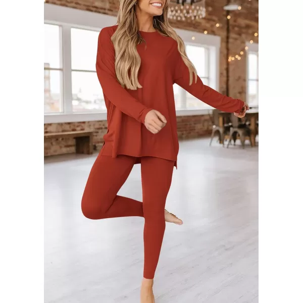 PRETTYGARDEN Womens Fall 2 Piece Outfits Casual Long Sleeve Tunic Tops Legging Pants Matching Lounge Sets SweatsuitsBrick Red