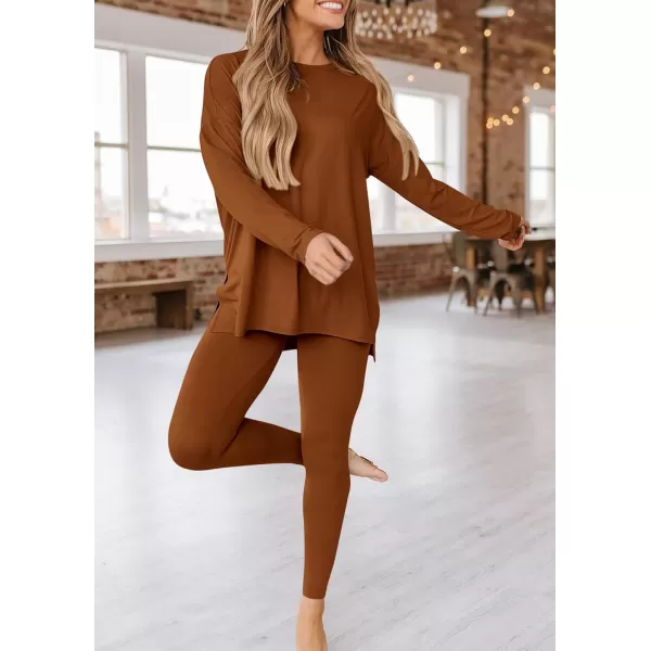 PRETTYGARDEN Womens Fall 2 Piece Outfits Casual Long Sleeve Tunic Tops Legging Pants Matching Lounge Sets SweatsuitsCaramel