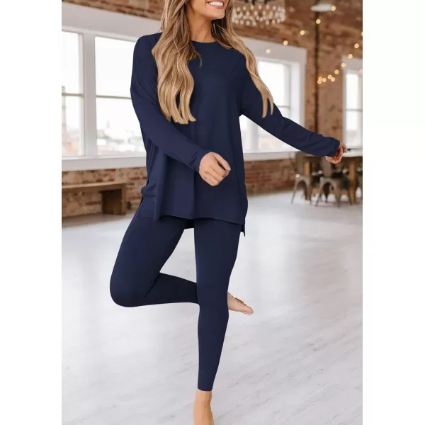 PRETTYGARDEN Womens Fall 2 Piece Outfits Casual Long Sleeve Tunic Tops Legging Pants Matching Lounge Sets SweatsuitsNavy