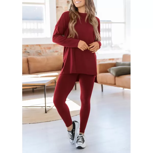 PRETTYGARDEN Womens Fall 2 Piece Outfits Casual Long Sleeve Tunic Tops Legging Pants Matching Lounge Sets SweatsuitsWine Red