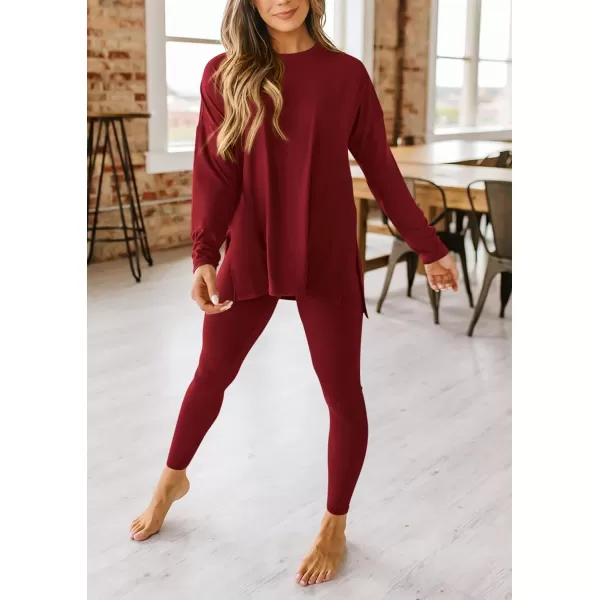PRETTYGARDEN Womens Fall 2 Piece Outfits Casual Long Sleeve Tunic Tops Legging Pants Matching Lounge Sets SweatsuitsWine Red