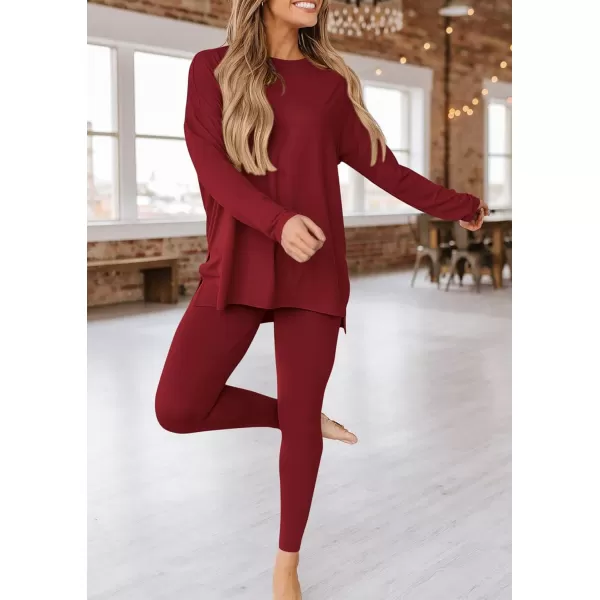 PRETTYGARDEN Womens Fall 2 Piece Outfits Casual Long Sleeve Tunic Tops Legging Pants Matching Lounge Sets SweatsuitsWine Red