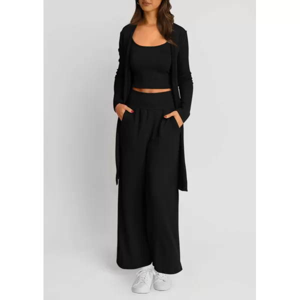 PRETTYGARDEN Womens Fall 3 Piece Pajamas Lounge Sets Ribbed Knit Long Cardigan Cropped Tank Tops Wide Leg PantsBlack