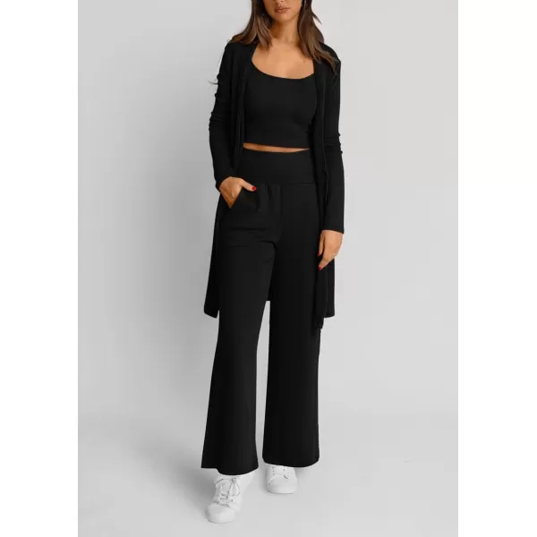 PRETTYGARDEN Womens Fall 3 Piece Pajamas Lounge Sets Ribbed Knit Long Cardigan Cropped Tank Tops Wide Leg PantsBlack