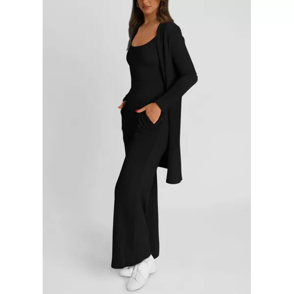 PRETTYGARDEN Womens Fall 3 Piece Pajamas Lounge Sets Ribbed Knit Long Cardigan Cropped Tank Tops Wide Leg PantsBlack