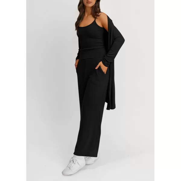 PRETTYGARDEN Womens Fall 3 Piece Pajamas Lounge Sets Ribbed Knit Long Cardigan Cropped Tank Tops Wide Leg PantsBlack