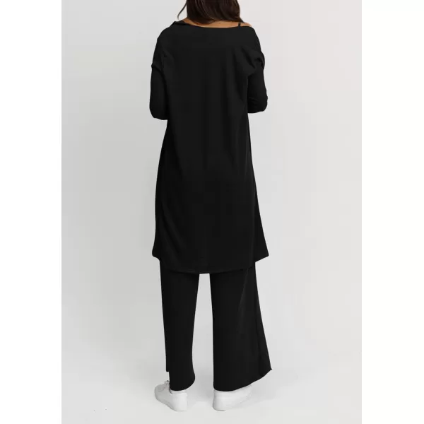 PRETTYGARDEN Womens Fall 3 Piece Pajamas Lounge Sets Ribbed Knit Long Cardigan Cropped Tank Tops Wide Leg PantsBlack