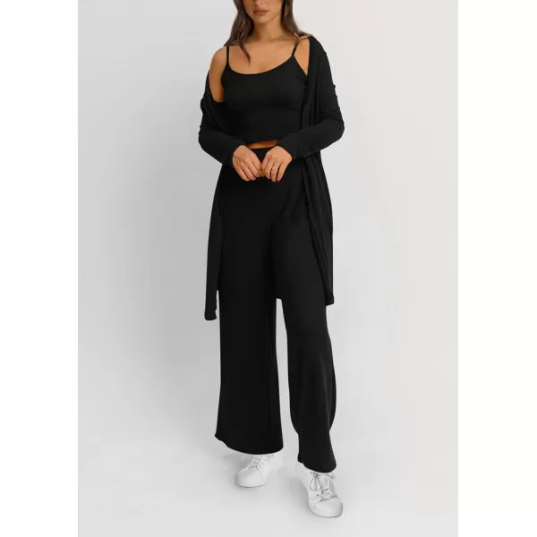 PRETTYGARDEN Womens Fall 3 Piece Pajamas Lounge Sets Ribbed Knit Long Cardigan Cropped Tank Tops Wide Leg PantsBlack
