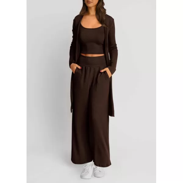 PRETTYGARDEN Womens Fall 3 Piece Pajamas Lounge Sets Ribbed Knit Long Cardigan Cropped Tank Tops Wide Leg PantsBrown