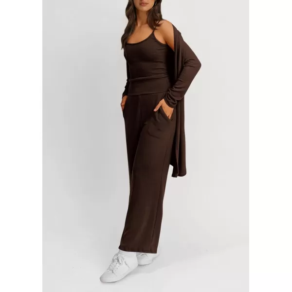 PRETTYGARDEN Womens Fall 3 Piece Pajamas Lounge Sets Ribbed Knit Long Cardigan Cropped Tank Tops Wide Leg PantsBrown