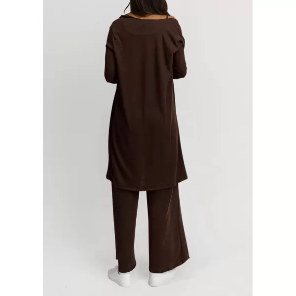 PRETTYGARDEN Womens Fall 3 Piece Pajamas Lounge Sets Ribbed Knit Long Cardigan Cropped Tank Tops Wide Leg PantsBrown