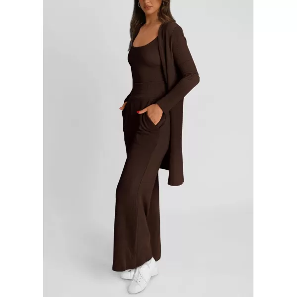 PRETTYGARDEN Womens Fall 3 Piece Pajamas Lounge Sets Ribbed Knit Long Cardigan Cropped Tank Tops Wide Leg PantsBrown