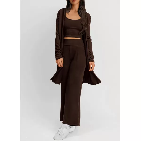 PRETTYGARDEN Womens Fall 3 Piece Pajamas Lounge Sets Ribbed Knit Long Cardigan Cropped Tank Tops Wide Leg PantsBrown