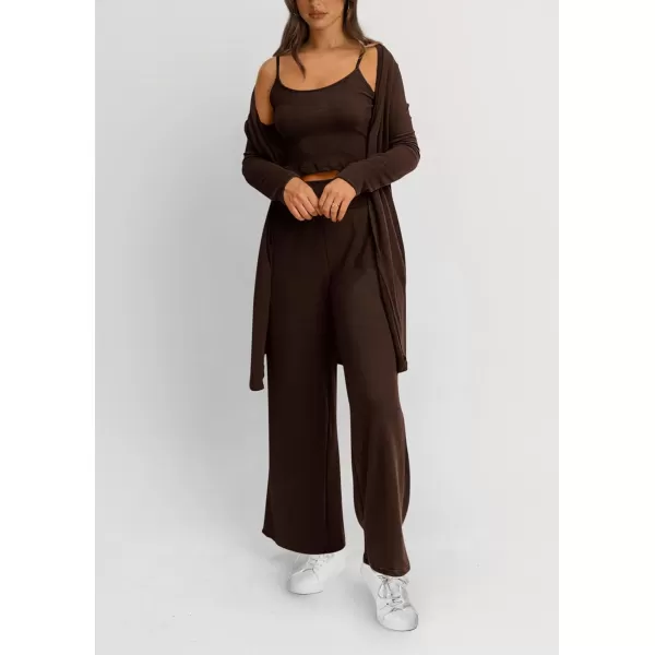 PRETTYGARDEN Womens Fall 3 Piece Pajamas Lounge Sets Ribbed Knit Long Cardigan Cropped Tank Tops Wide Leg PantsBrown