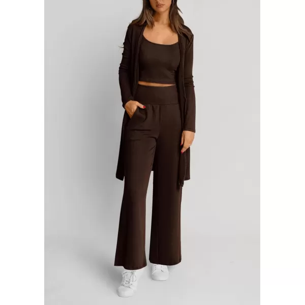 PRETTYGARDEN Womens Fall 3 Piece Pajamas Lounge Sets Ribbed Knit Long Cardigan Cropped Tank Tops Wide Leg PantsBrown