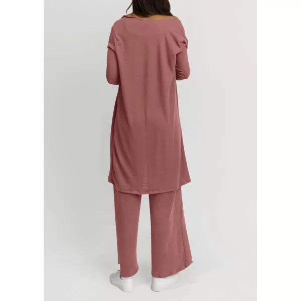 PRETTYGARDEN Womens Fall 3 Piece Pajamas Lounge Sets Ribbed Knit Long Cardigan Cropped Tank Tops Wide Leg PantsDusty Pink