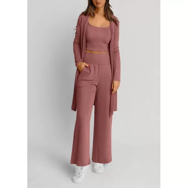 PRETTYGARDEN Womens Fall 3 Piece Pajamas Lounge Sets Ribbed Knit Long Cardigan Cropped Tank Tops Wide Leg PantsDusty Pink