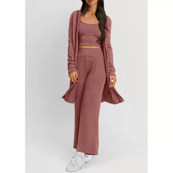 PRETTYGARDEN Womens Fall 3 Piece Pajamas Lounge Sets Ribbed Knit Long Cardigan Cropped Tank Tops Wide Leg PantsDusty Pink