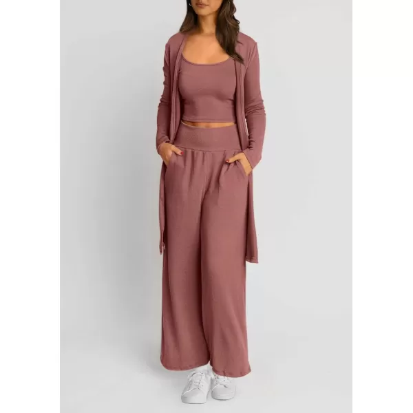 PRETTYGARDEN Womens Fall 3 Piece Pajamas Lounge Sets Ribbed Knit Long Cardigan Cropped Tank Tops Wide Leg PantsDusty Pink