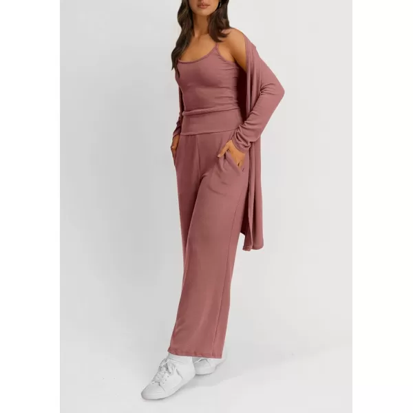 PRETTYGARDEN Womens Fall 3 Piece Pajamas Lounge Sets Ribbed Knit Long Cardigan Cropped Tank Tops Wide Leg PantsDusty Pink
