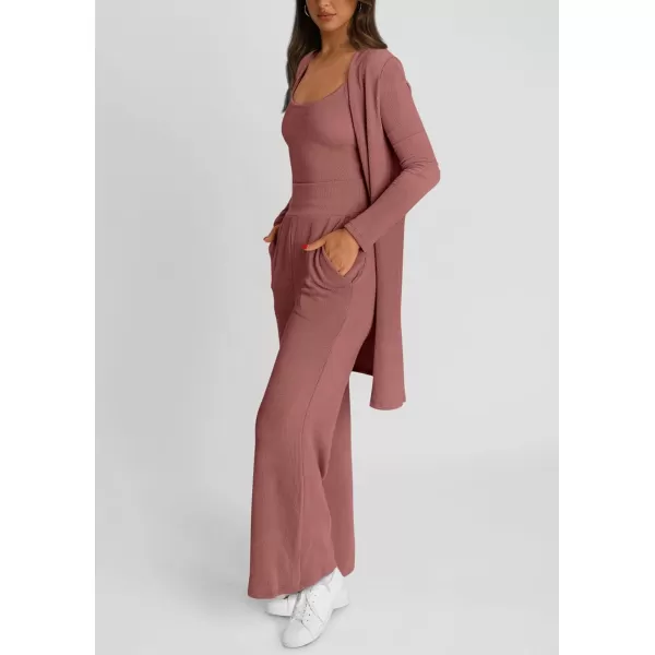PRETTYGARDEN Womens Fall 3 Piece Pajamas Lounge Sets Ribbed Knit Long Cardigan Cropped Tank Tops Wide Leg PantsDusty Pink