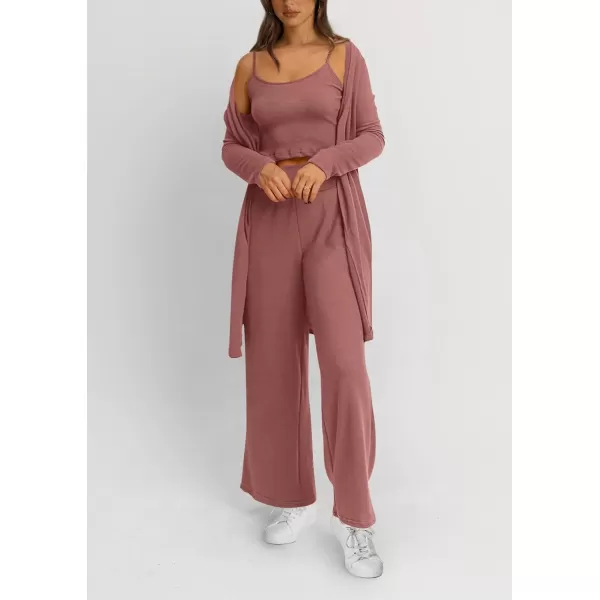 PRETTYGARDEN Womens Fall 3 Piece Pajamas Lounge Sets Ribbed Knit Long Cardigan Cropped Tank Tops Wide Leg PantsDusty Pink