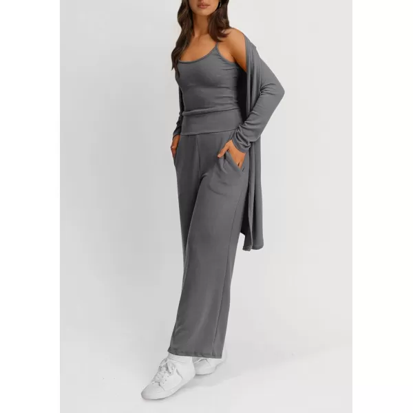 PRETTYGARDEN Womens Fall 3 Piece Pajamas Lounge Sets Ribbed Knit Long Cardigan Cropped Tank Tops Wide Leg PantsGrey