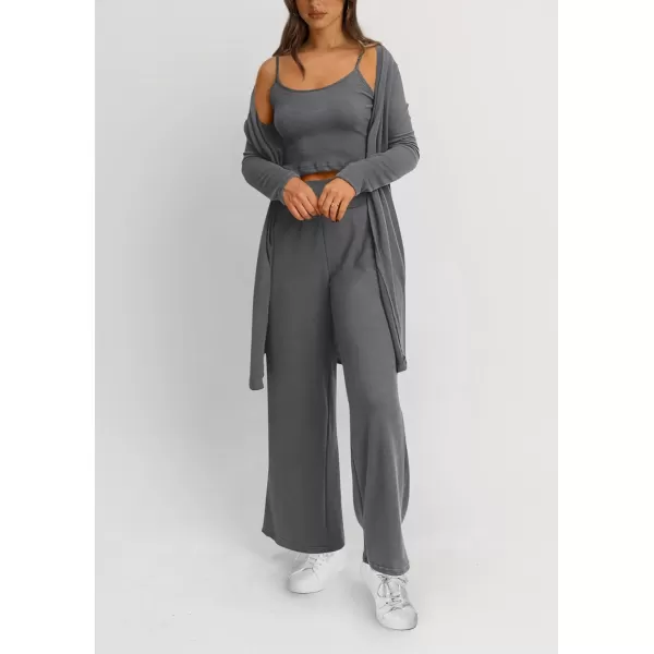 PRETTYGARDEN Womens Fall 3 Piece Pajamas Lounge Sets Ribbed Knit Long Cardigan Cropped Tank Tops Wide Leg PantsGrey