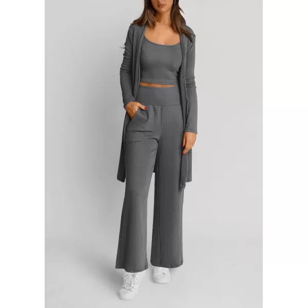 PRETTYGARDEN Womens Fall 3 Piece Pajamas Lounge Sets Ribbed Knit Long Cardigan Cropped Tank Tops Wide Leg PantsGrey