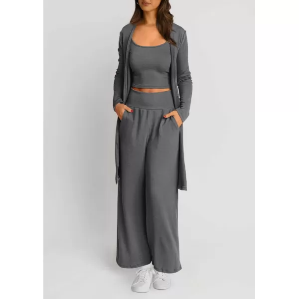 PRETTYGARDEN Womens Fall 3 Piece Pajamas Lounge Sets Ribbed Knit Long Cardigan Cropped Tank Tops Wide Leg PantsGrey