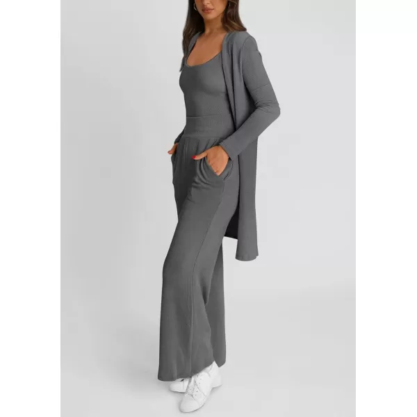PRETTYGARDEN Womens Fall 3 Piece Pajamas Lounge Sets Ribbed Knit Long Cardigan Cropped Tank Tops Wide Leg PantsGrey