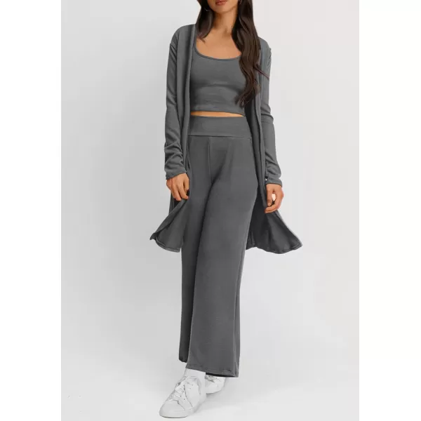 PRETTYGARDEN Womens Fall 3 Piece Pajamas Lounge Sets Ribbed Knit Long Cardigan Cropped Tank Tops Wide Leg PantsGrey