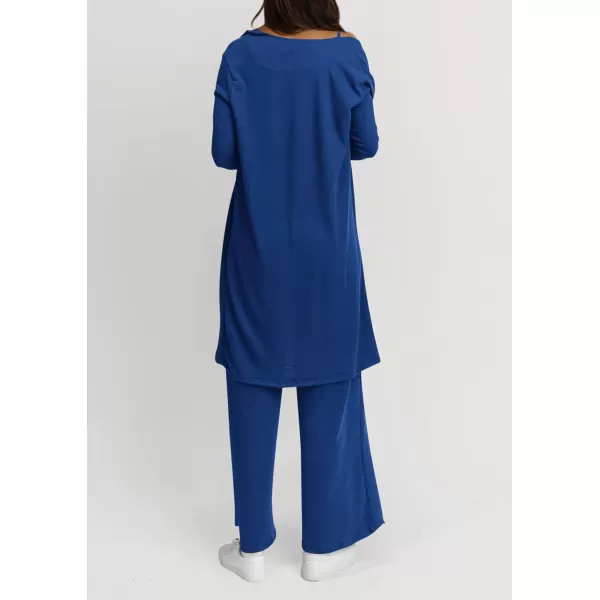 PRETTYGARDEN Womens Fall 3 Piece Pajamas Lounge Sets Ribbed Knit Long Cardigan Cropped Tank Tops Wide Leg PantsRoyal Blue