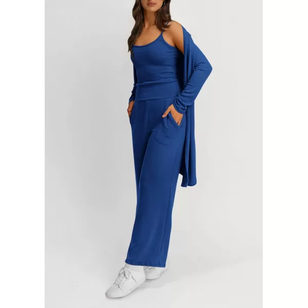 PRETTYGARDEN Womens Fall 3 Piece Pajamas Lounge Sets Ribbed Knit Long Cardigan Cropped Tank Tops Wide Leg PantsRoyal Blue