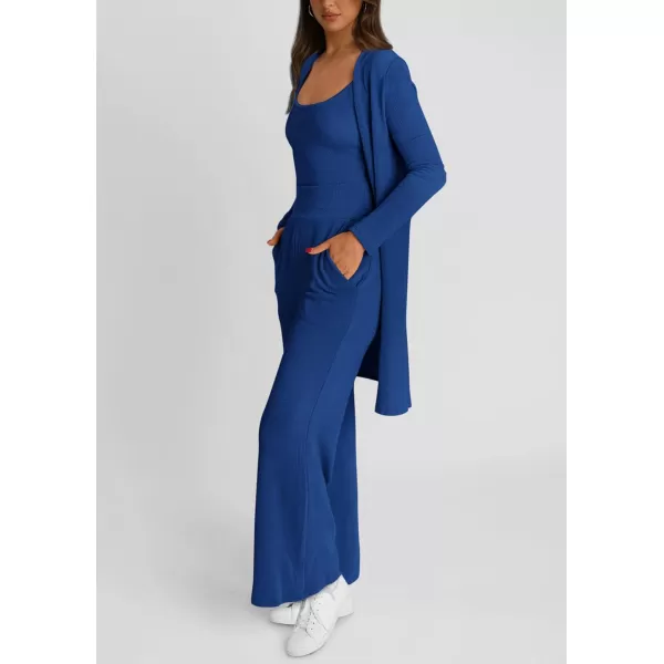 PRETTYGARDEN Womens Fall 3 Piece Pajamas Lounge Sets Ribbed Knit Long Cardigan Cropped Tank Tops Wide Leg PantsRoyal Blue