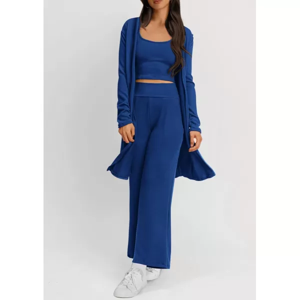 PRETTYGARDEN Womens Fall 3 Piece Pajamas Lounge Sets Ribbed Knit Long Cardigan Cropped Tank Tops Wide Leg PantsRoyal Blue