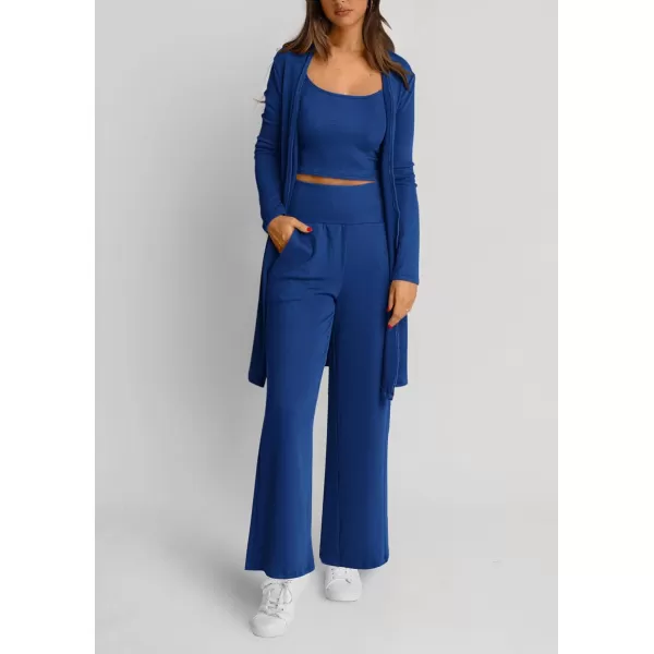 PRETTYGARDEN Womens Fall 3 Piece Pajamas Lounge Sets Ribbed Knit Long Cardigan Cropped Tank Tops Wide Leg PantsRoyal Blue
