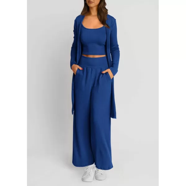 PRETTYGARDEN Womens Fall 3 Piece Pajamas Lounge Sets Ribbed Knit Long Cardigan Cropped Tank Tops Wide Leg PantsRoyal Blue