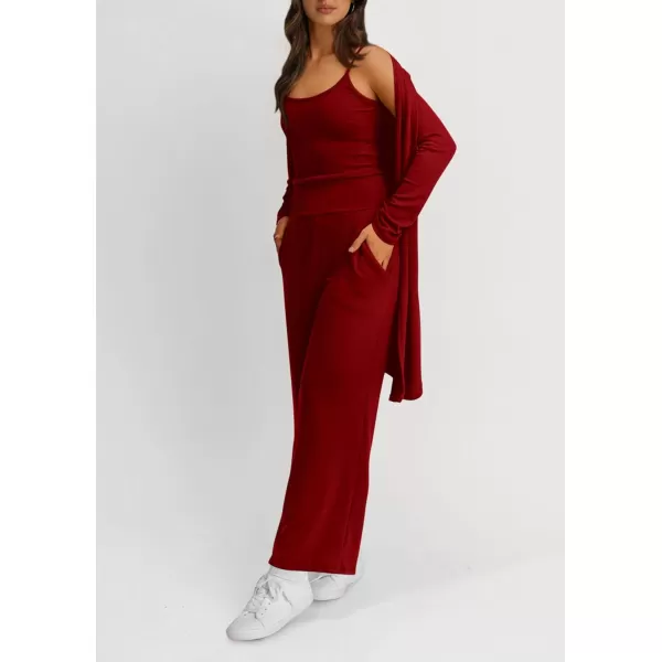 PRETTYGARDEN Womens Fall 3 Piece Pajamas Lounge Sets Ribbed Knit Long Cardigan Cropped Tank Tops Wide Leg PantsWine Red