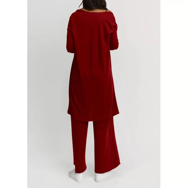 PRETTYGARDEN Womens Fall 3 Piece Pajamas Lounge Sets Ribbed Knit Long Cardigan Cropped Tank Tops Wide Leg PantsWine Red