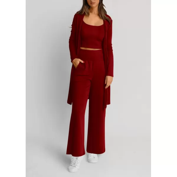 PRETTYGARDEN Womens Fall 3 Piece Pajamas Lounge Sets Ribbed Knit Long Cardigan Cropped Tank Tops Wide Leg PantsWine Red