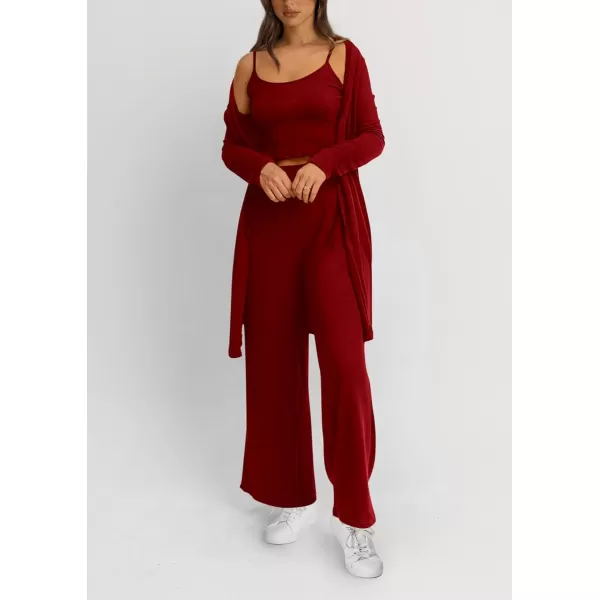 PRETTYGARDEN Womens Fall 3 Piece Pajamas Lounge Sets Ribbed Knit Long Cardigan Cropped Tank Tops Wide Leg PantsWine Red