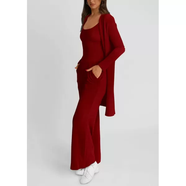 PRETTYGARDEN Womens Fall 3 Piece Pajamas Lounge Sets Ribbed Knit Long Cardigan Cropped Tank Tops Wide Leg PantsWine Red