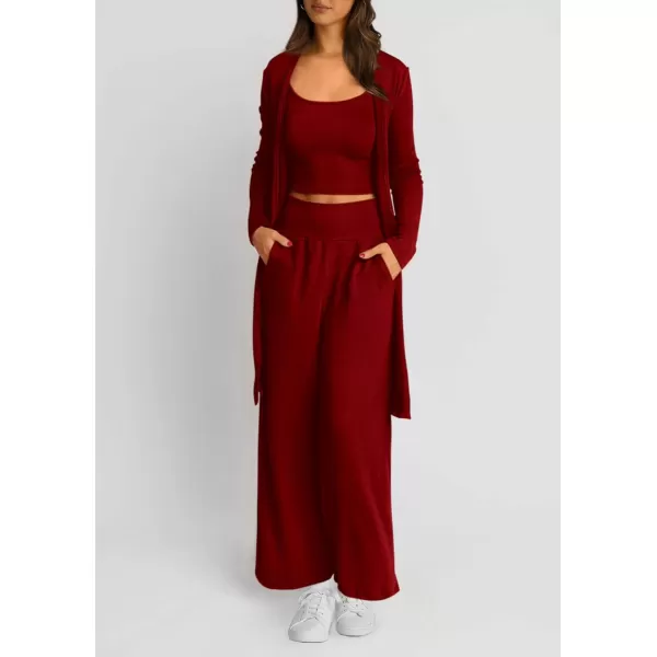 PRETTYGARDEN Womens Fall 3 Piece Pajamas Lounge Sets Ribbed Knit Long Cardigan Cropped Tank Tops Wide Leg PantsWine Red