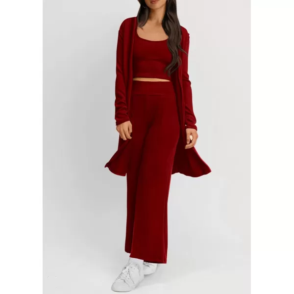 PRETTYGARDEN Womens Fall 3 Piece Pajamas Lounge Sets Ribbed Knit Long Cardigan Cropped Tank Tops Wide Leg PantsWine Red