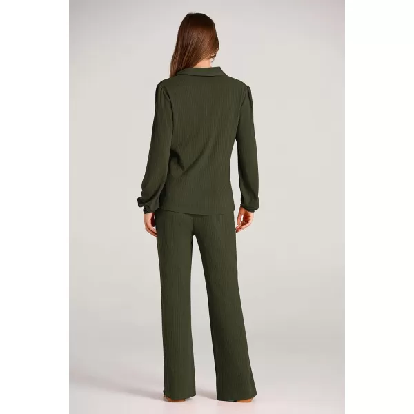 PRETTYGARDEN Womens Fall Clothes Two Piece Outfit Set Long Sleeve Lapel V Neck Tops Blouses Wide Leg Pants Ribbed TracksuitArmy Green