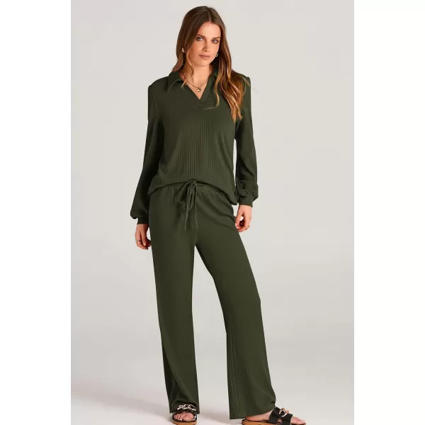 PRETTYGARDEN Womens Fall Clothes Two Piece Outfit Set Long Sleeve Lapel V Neck Tops Blouses Wide Leg Pants Ribbed TracksuitArmy Green