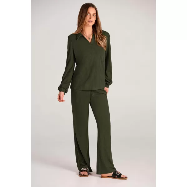 PRETTYGARDEN Womens Fall Clothes Two Piece Outfit Set Long Sleeve Lapel V Neck Tops Blouses Wide Leg Pants Ribbed TracksuitArmy Green
