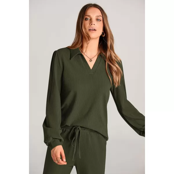 PRETTYGARDEN Womens Fall Clothes Two Piece Outfit Set Long Sleeve Lapel V Neck Tops Blouses Wide Leg Pants Ribbed TracksuitArmy Green